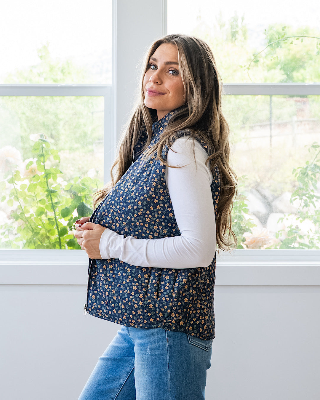 NEW! Juliana Floral Print Corduroy Vest - Navy & Gold