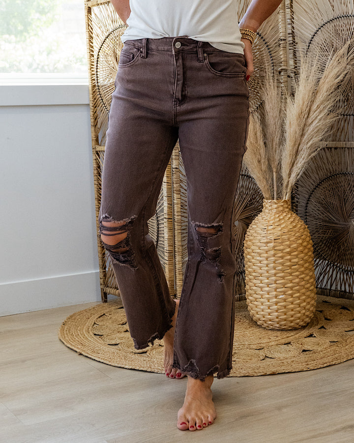 NEW! Gia Wide Leg Distressed Cropped Jeans - Mahogany Zenana