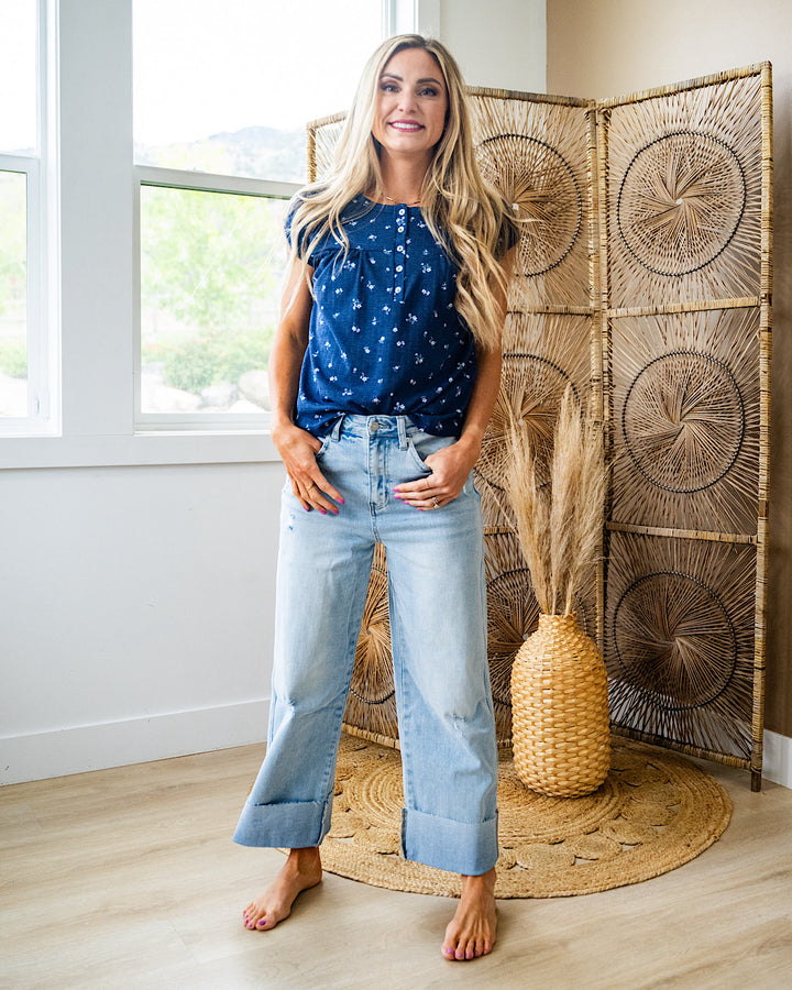 Amanda Floral Pleated Henley Top - Navy PS Kate