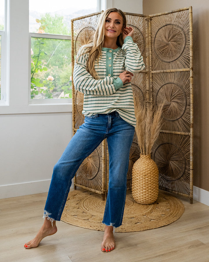 NEW! Katherine Textured Striped Henley Top - Sage Lovely Melody