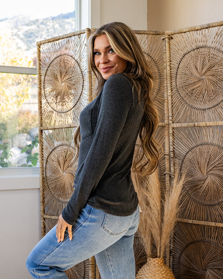 NEW! Georgia Henley Long Sleeve Top - Charcoal Michelle Mae
