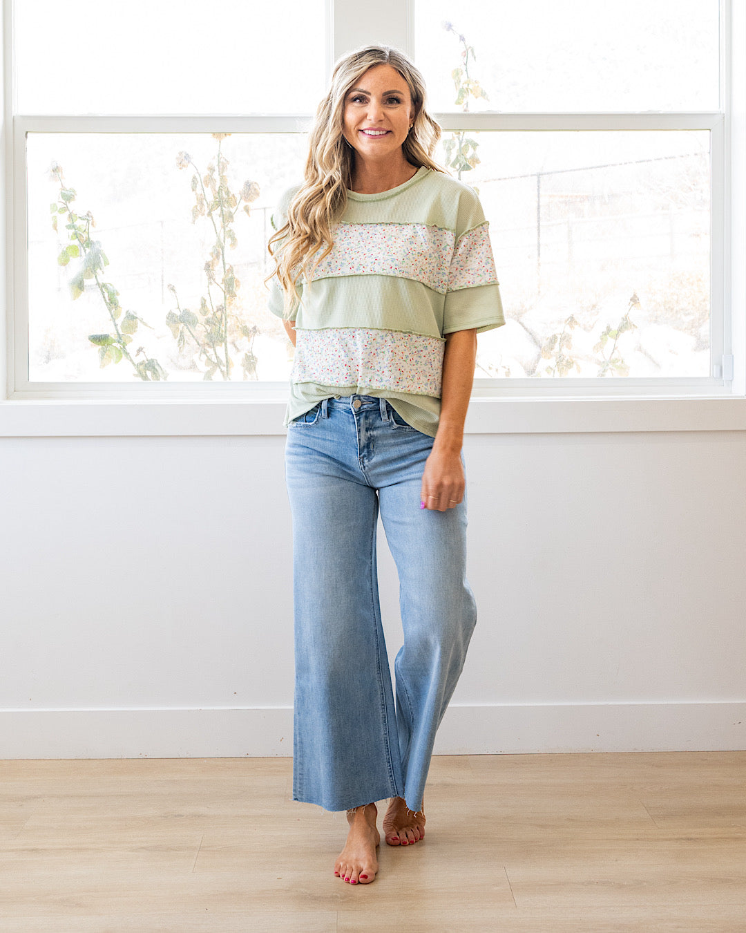 Camila Floral Color Block Top - Sage Lovely Melody