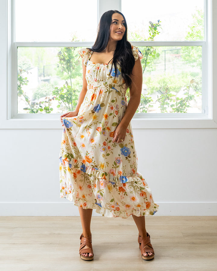 NEW! Selena Floral Flutter Sleeve Midi Dress Mine