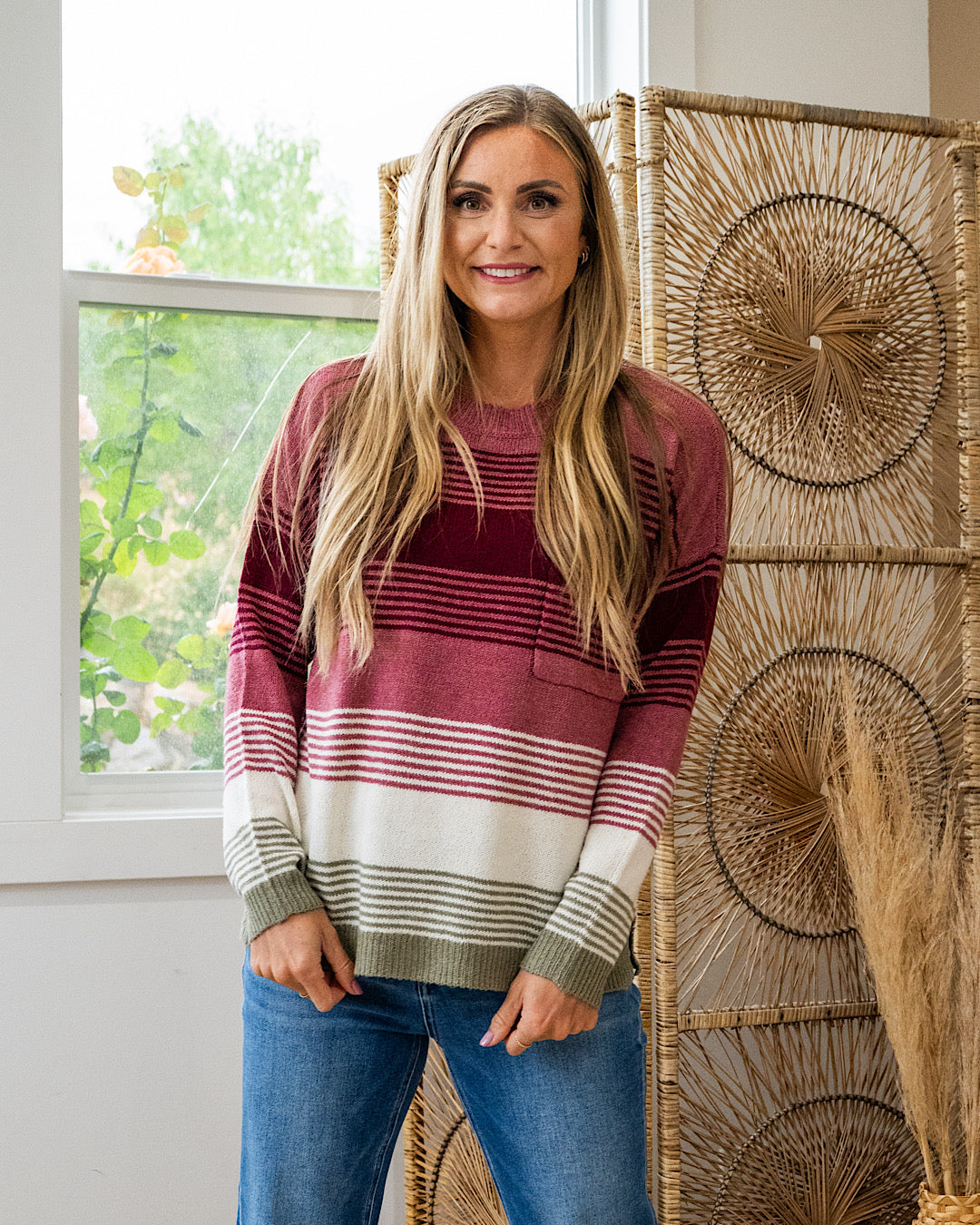 NEW! Janelle Multi Color Knit Sweater - Rose & Burgundy Staccato