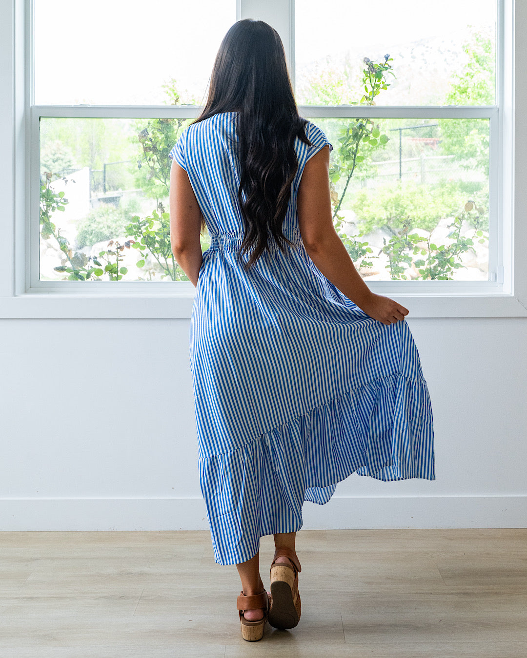 NEW! Trista Striped V Neck Maxi Dress - Blue Haptics