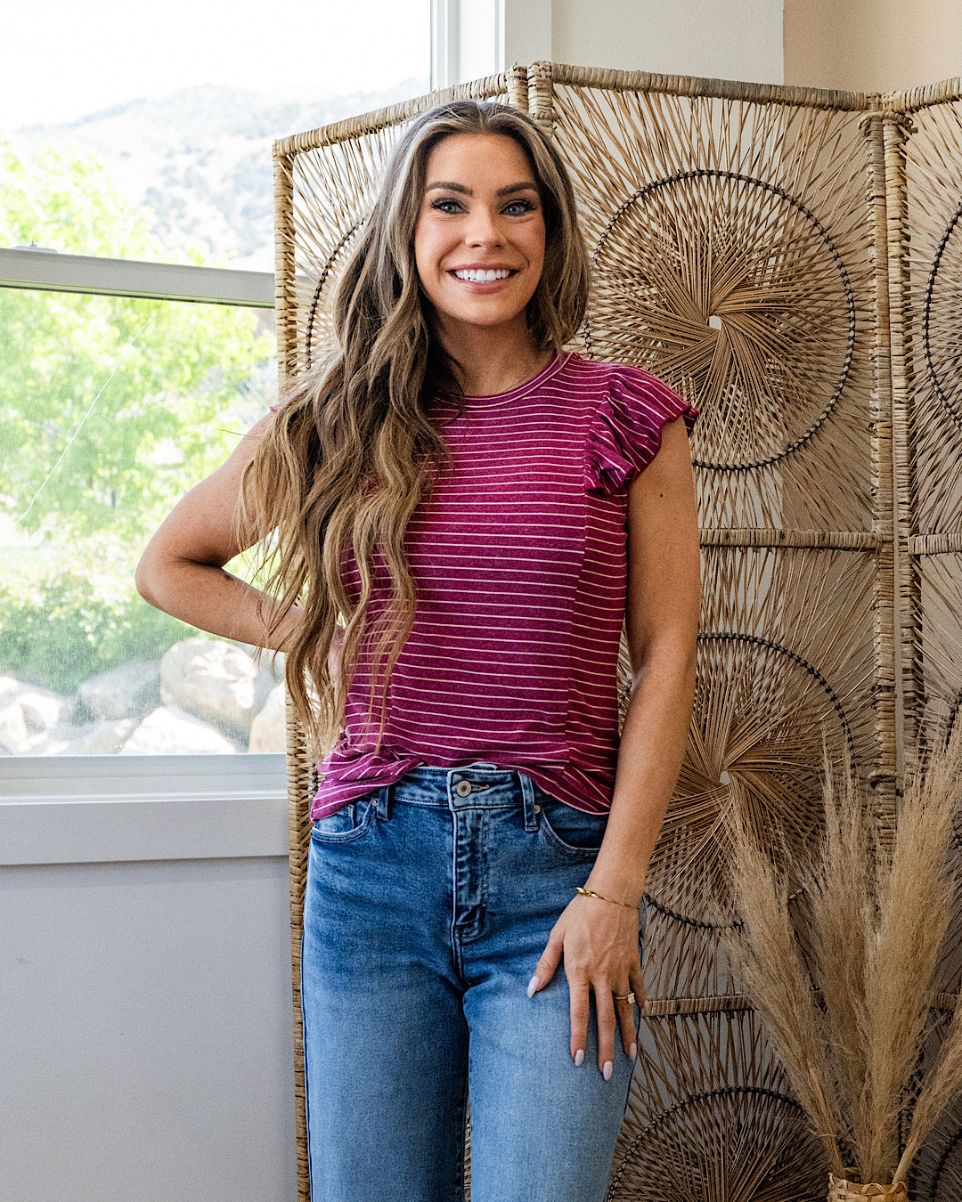 NEW! Holly Striped Ruffle Sleeve Top - Berry Staccato