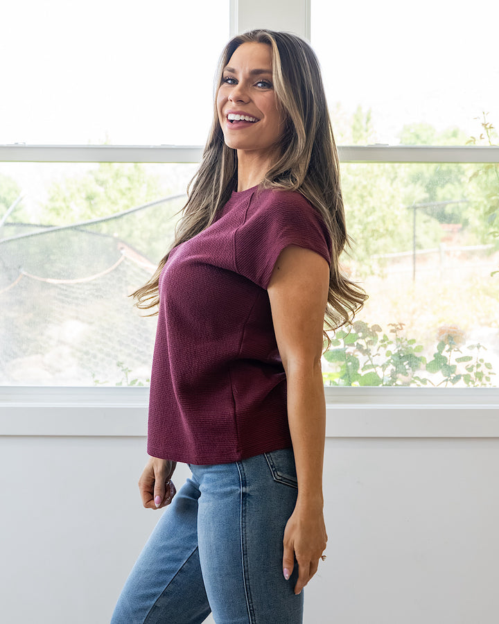 NEW! Justina Cloud Knit Short Sleeve Top - Wine