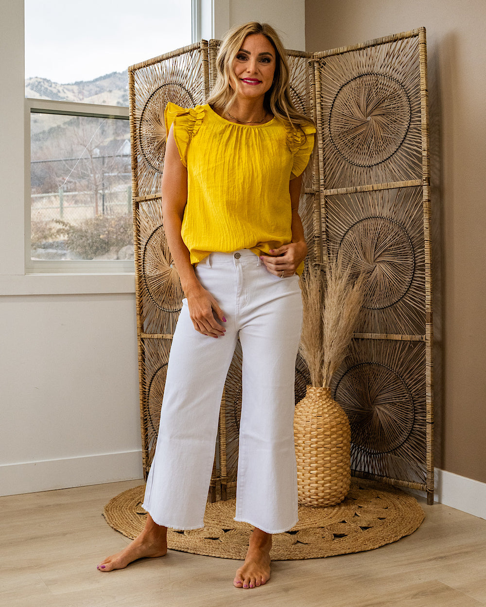 NEW! Celeste Ruffle Sleeve Top - Dijon Yellow Staccato
