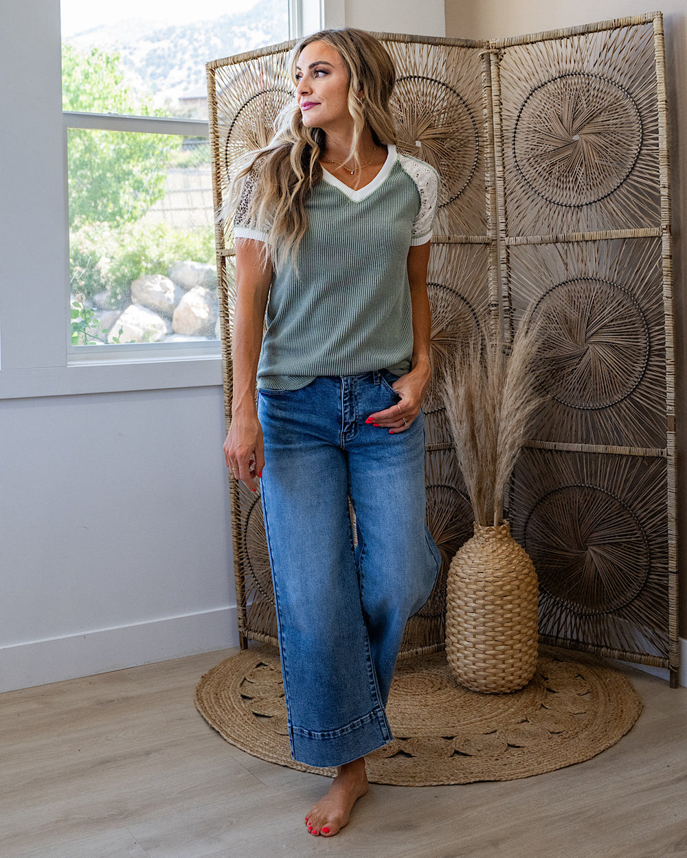 NEW! Angelica Mixed Fabric Corded Top - Light Olive 7th Ray