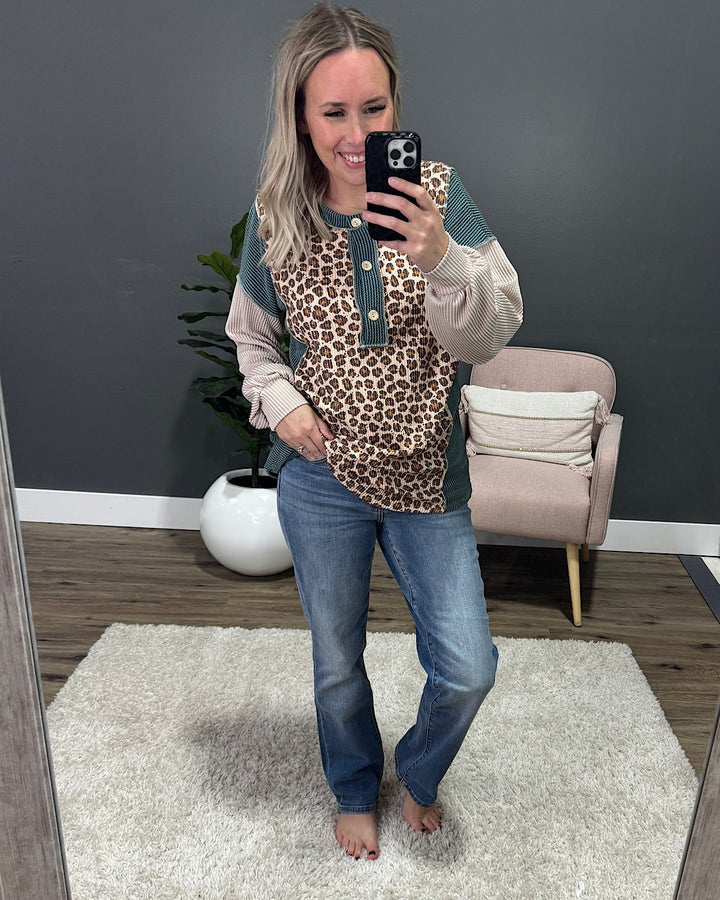 NEW! Angelique Mixed Corded Fabric Henley Top - Moss & Taupe Lovely Melody