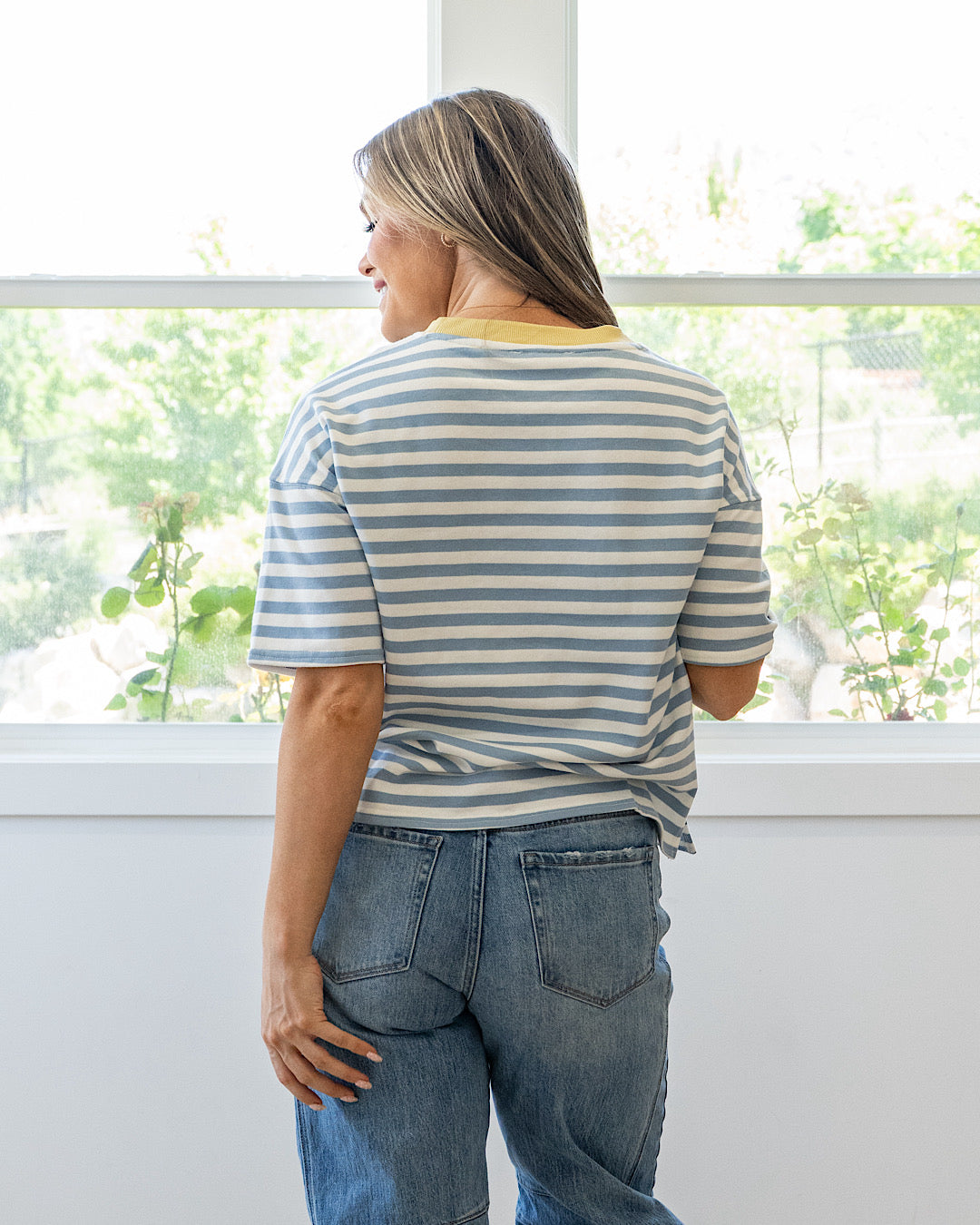 NEW! Hazel Contrast Striped Top - Dusty Blue & Yellow