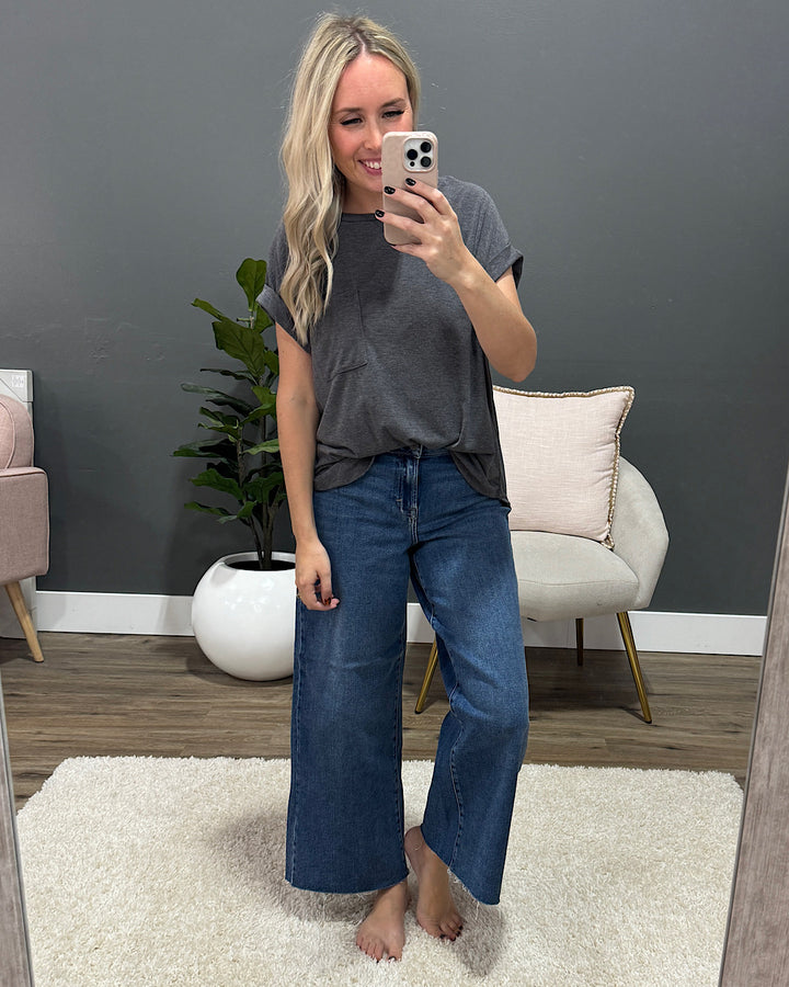 Girlfriend Roll Sleeve Pocket Top - Charcoal  Sew In Love   