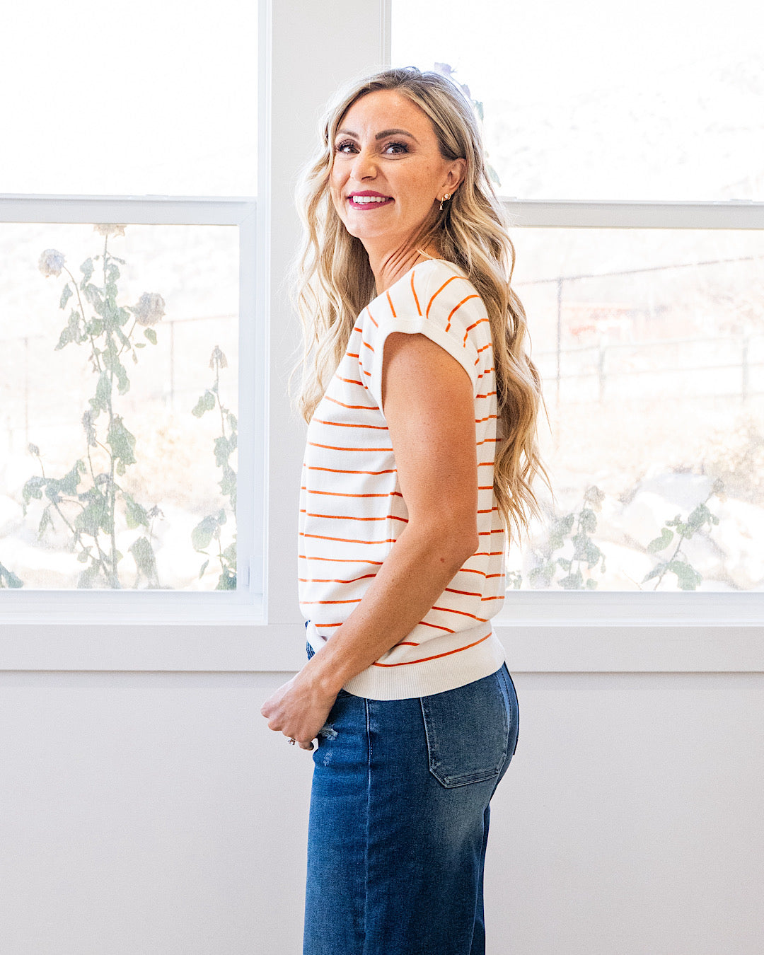 NEW! Allie Striped Short Sleeve Sweater - Ivory & Rust Staccato