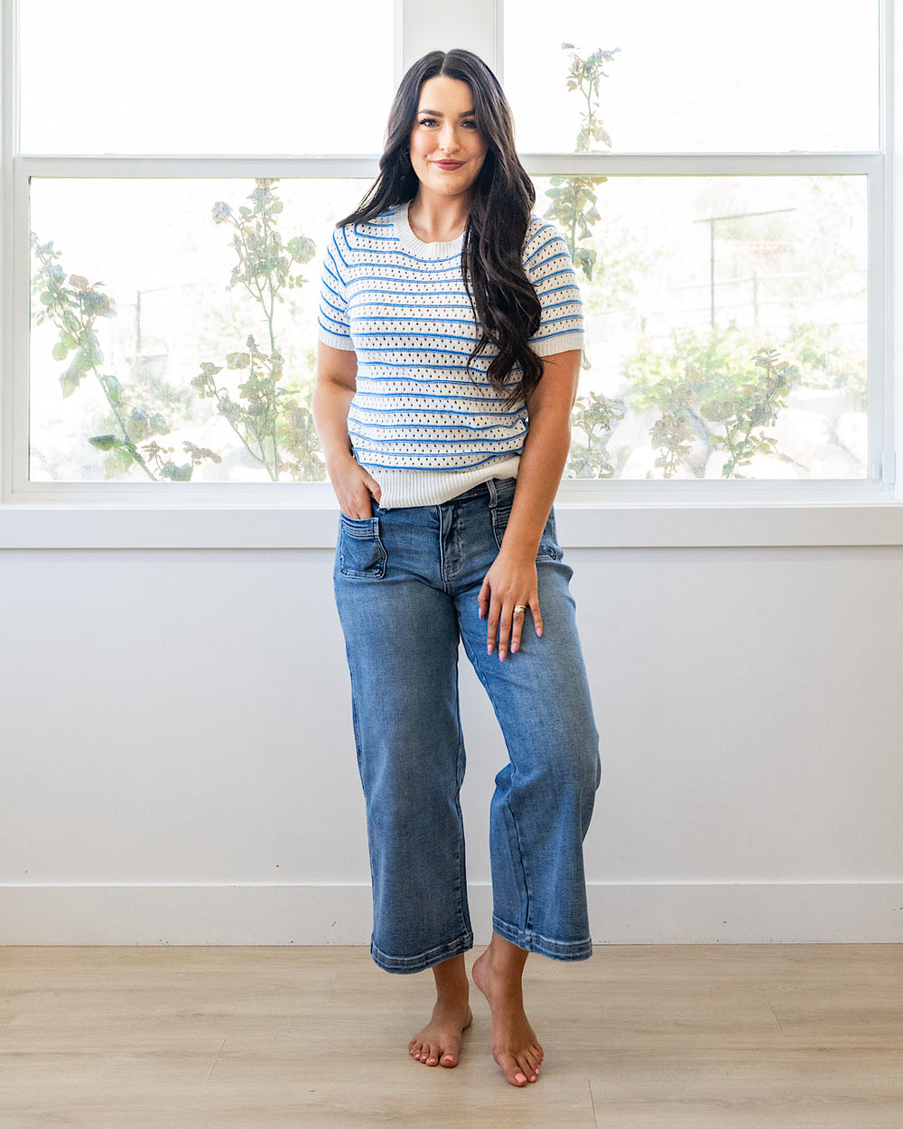 NEW! Kaitlyn Open Knit Striped Sweater Top - Blue Staccato