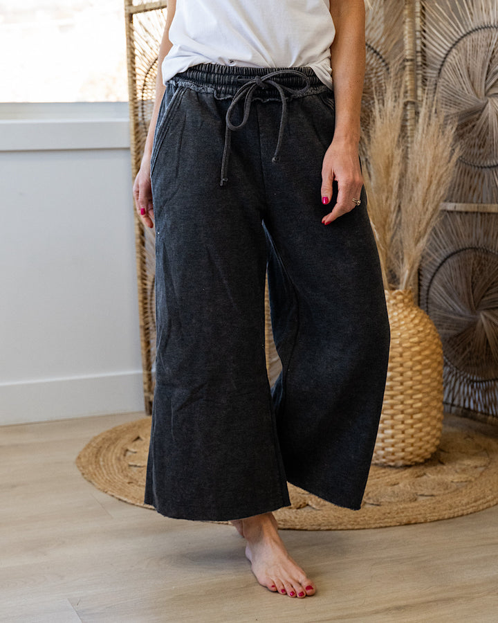 Cropped Wide Leg Comfy Pants - Ash Black Zenana