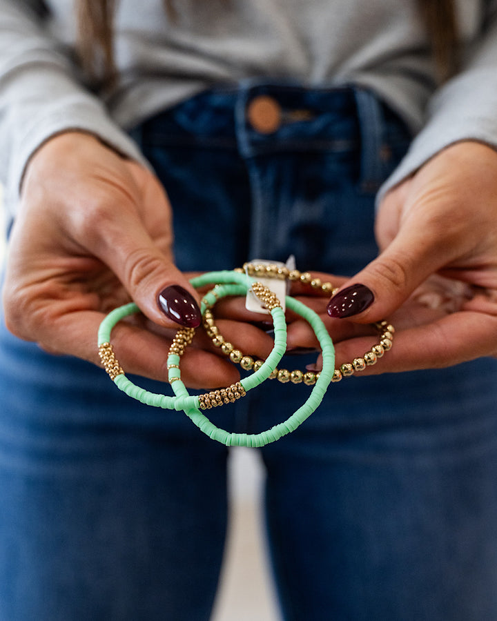 NEW! Clay and Metallic Bead Bracelet Set - Mint Trendy Wholesale