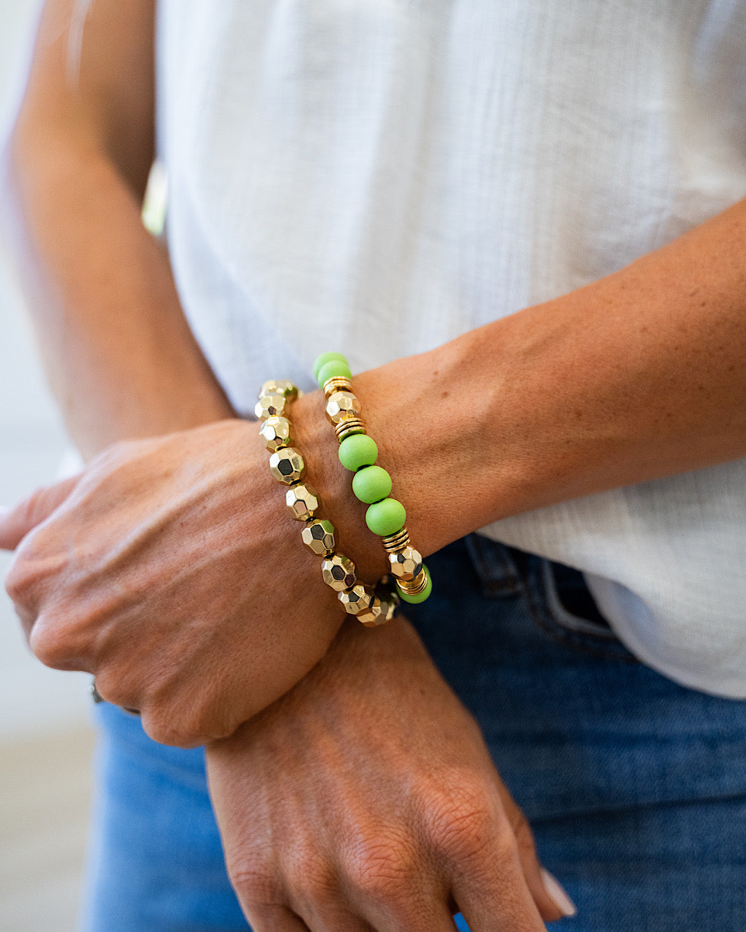 Wooden Green and Gold Bracelet Set  Trendy Wholesale   