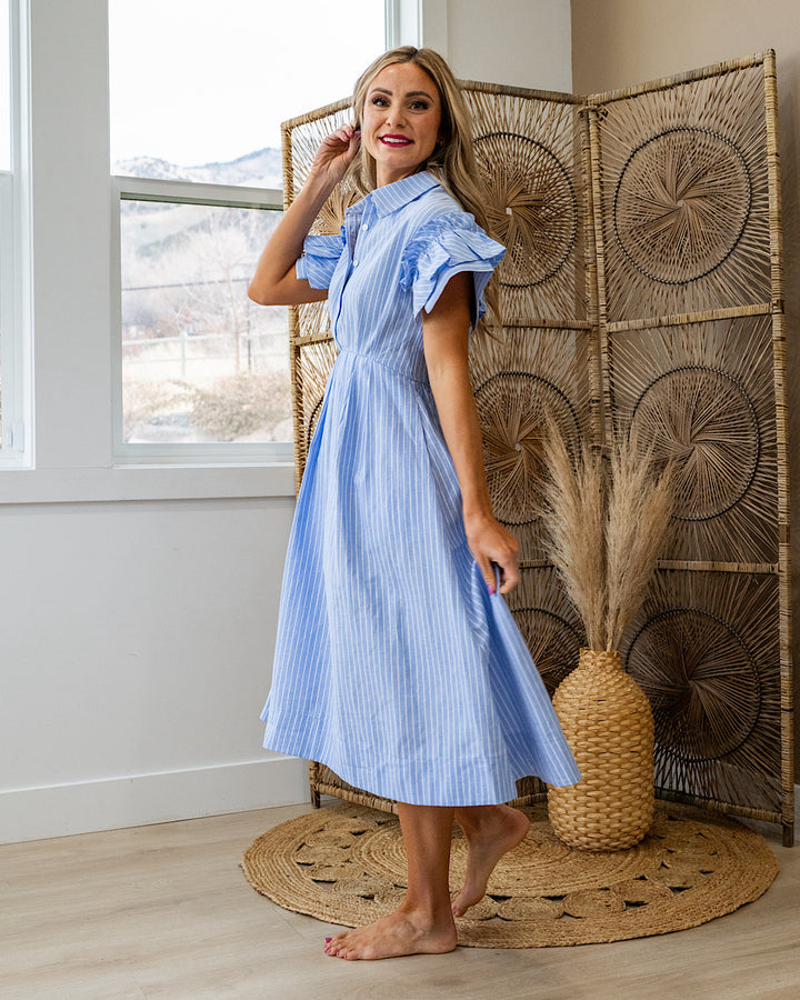 Carmine Striped Ruffle Sleeve Midi Dress - Blue Heyson