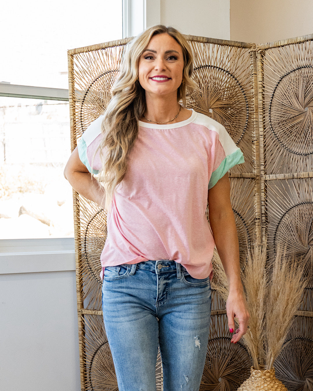 Ellen Twisted Sleeve Color Block Top - Vintage Blush 7th Ray