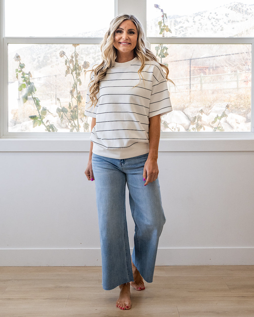 NEW! Macey Scuba Fabric Striped Top - Cream & Black Rae Mode