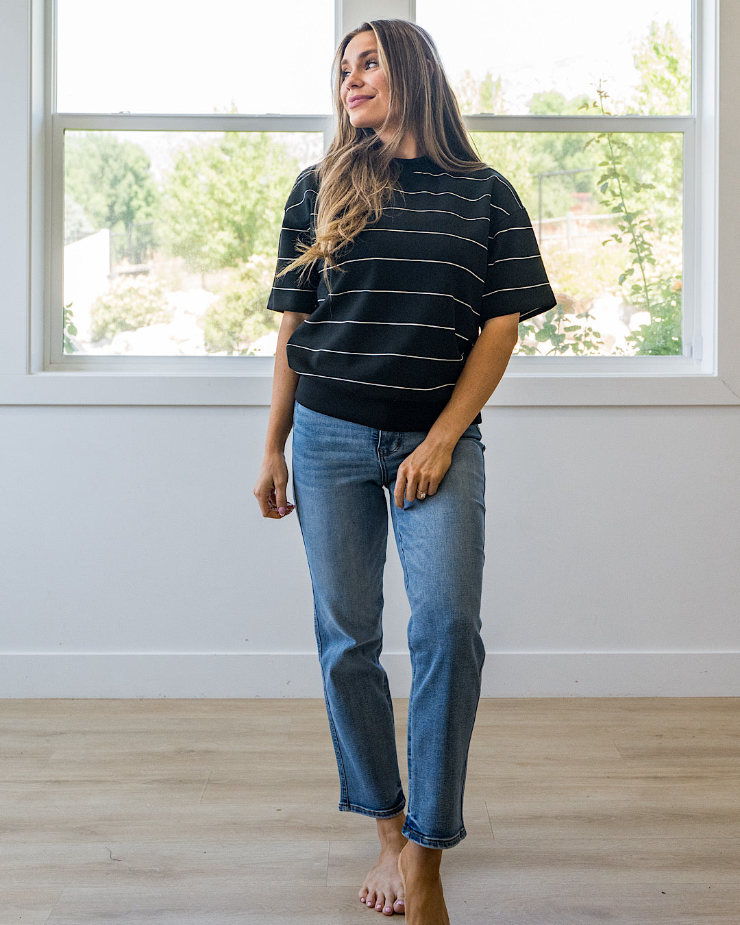 NEW! Macey Scuba Fabric Striped Top - Black & Cream Rae Mode