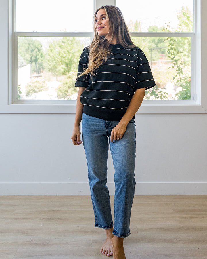 NEW! Macey Scuba Fabric Striped Top - Black & Cream Rae Mode