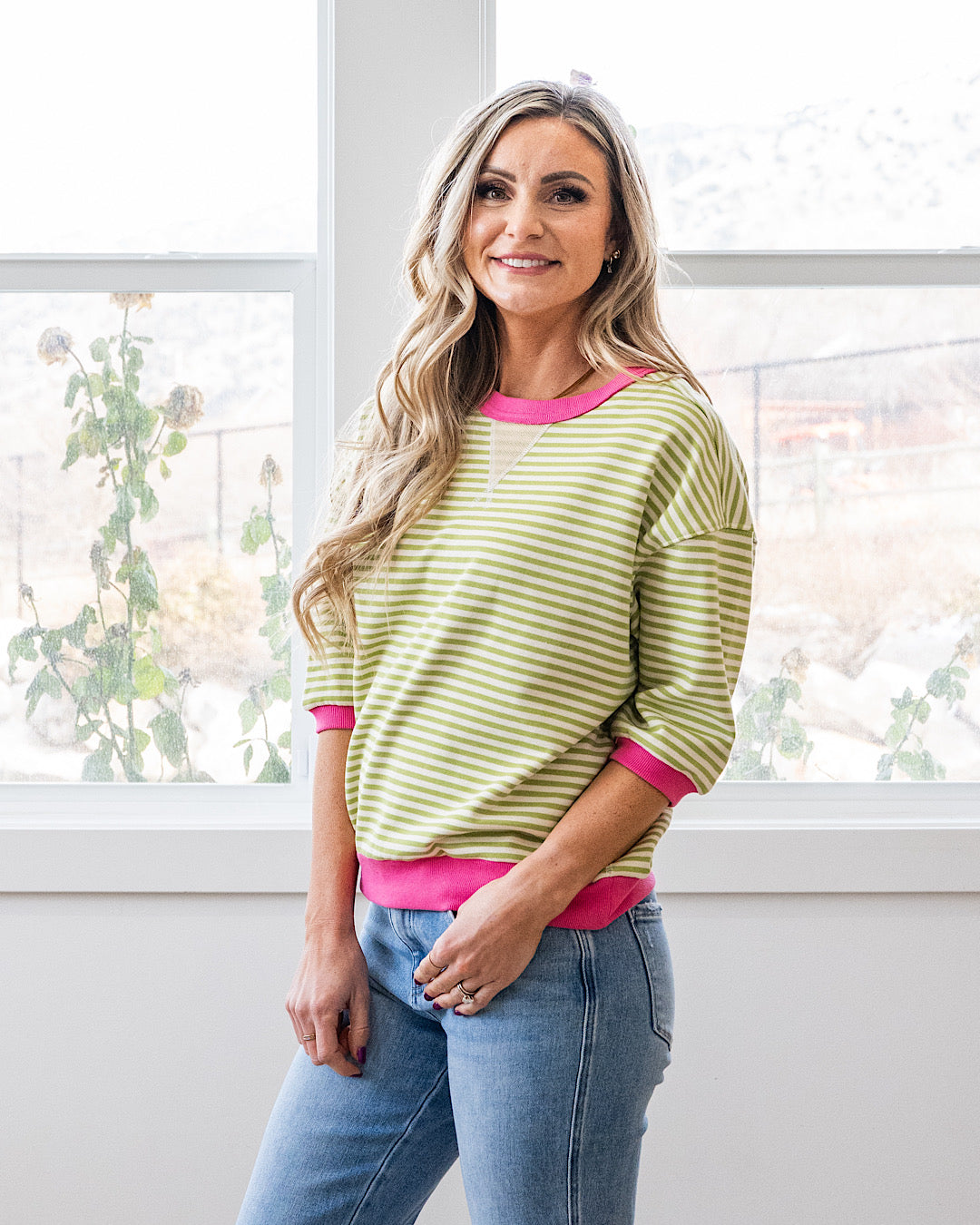 NEW! Jillian Striped Half Sleeve Top - Green & Pink Staccato