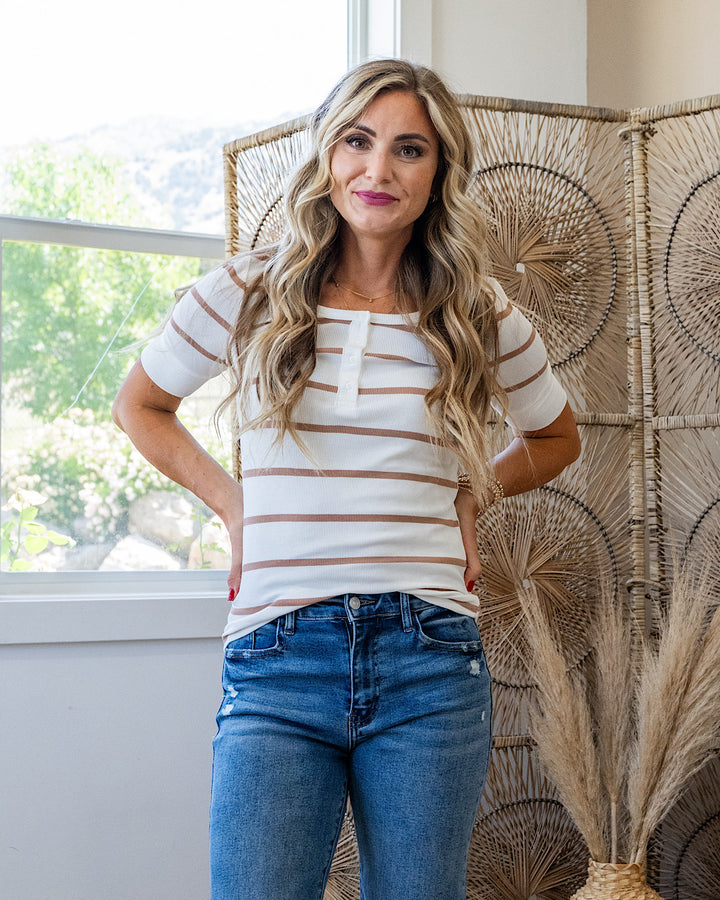 NEW! Carrie Ribbed Scoop Neck Striped Henley Top - Caramel