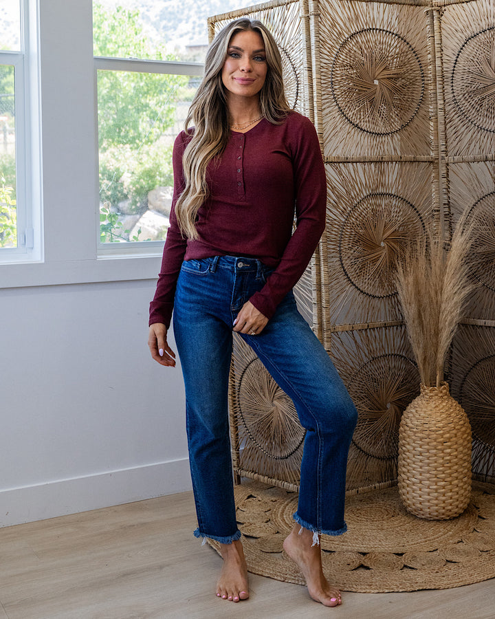Cami Micro Ribbed Henley Top - Burgundy