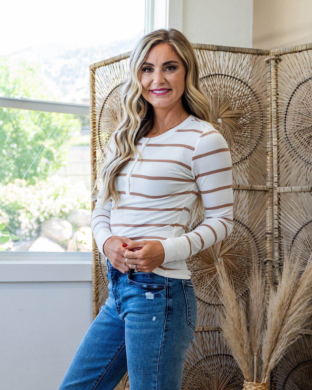 NEW! Everly Ribbed Long Sleeve Striped Henley Top - Caramel Be Cool