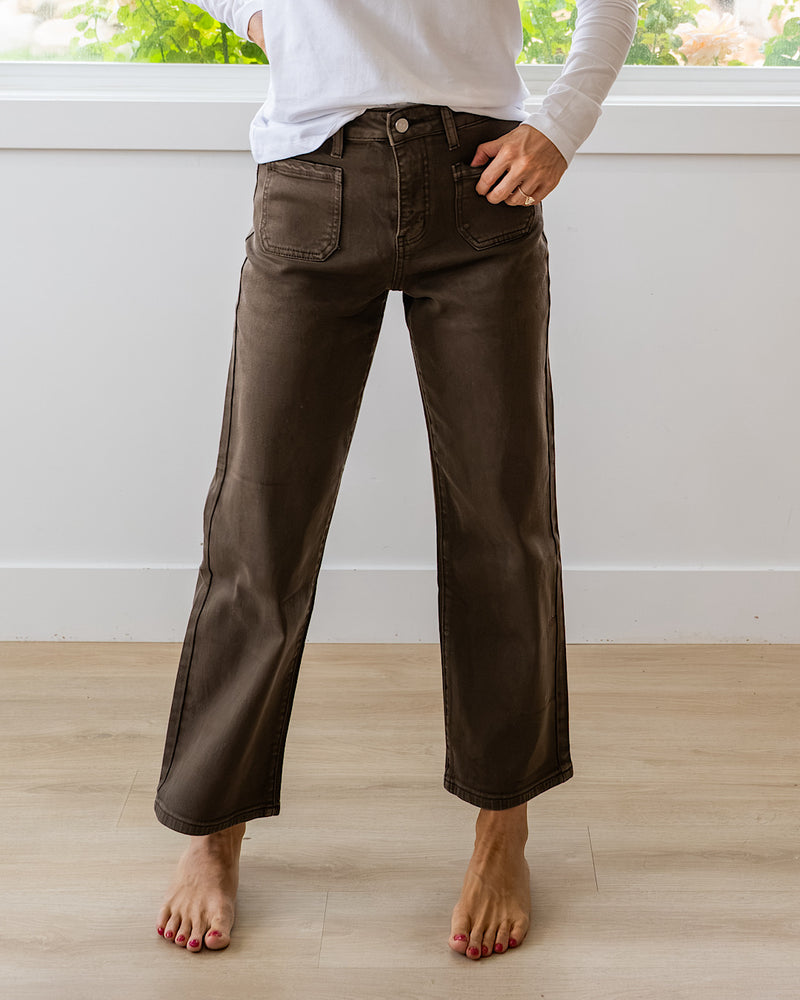 NEW! KanCan Carmine Slim Wide Leg Crop Jeans - Brown