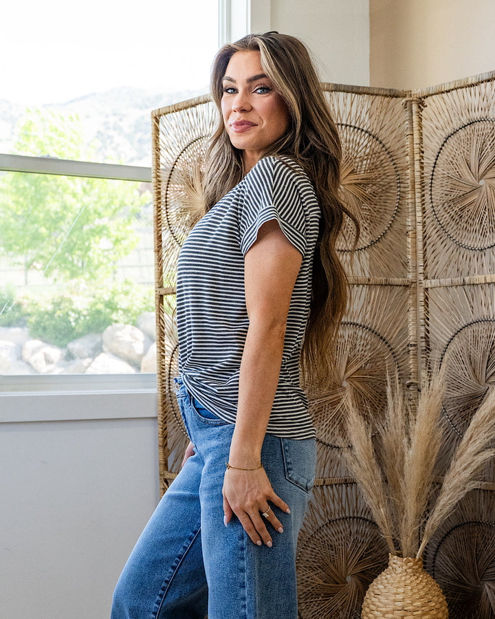 NEW! Callie Striped Twist Keyhole Top - Charcoal Staccato