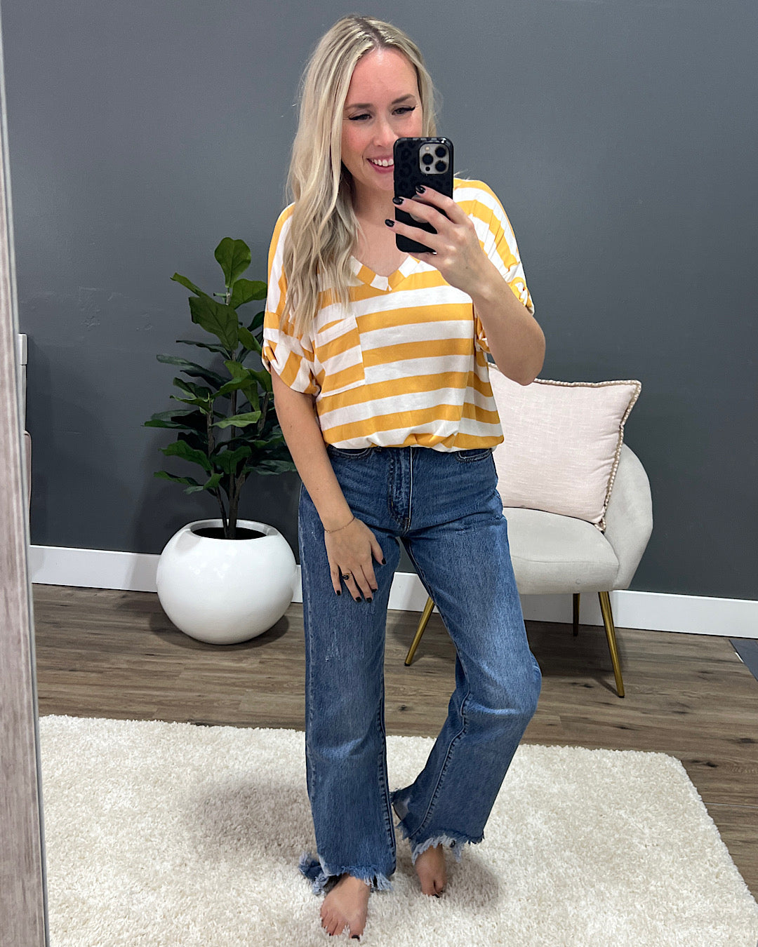 Jenna Stripe Boyfriend V Neck Top - Mustard FINAL SALE Sew In Love