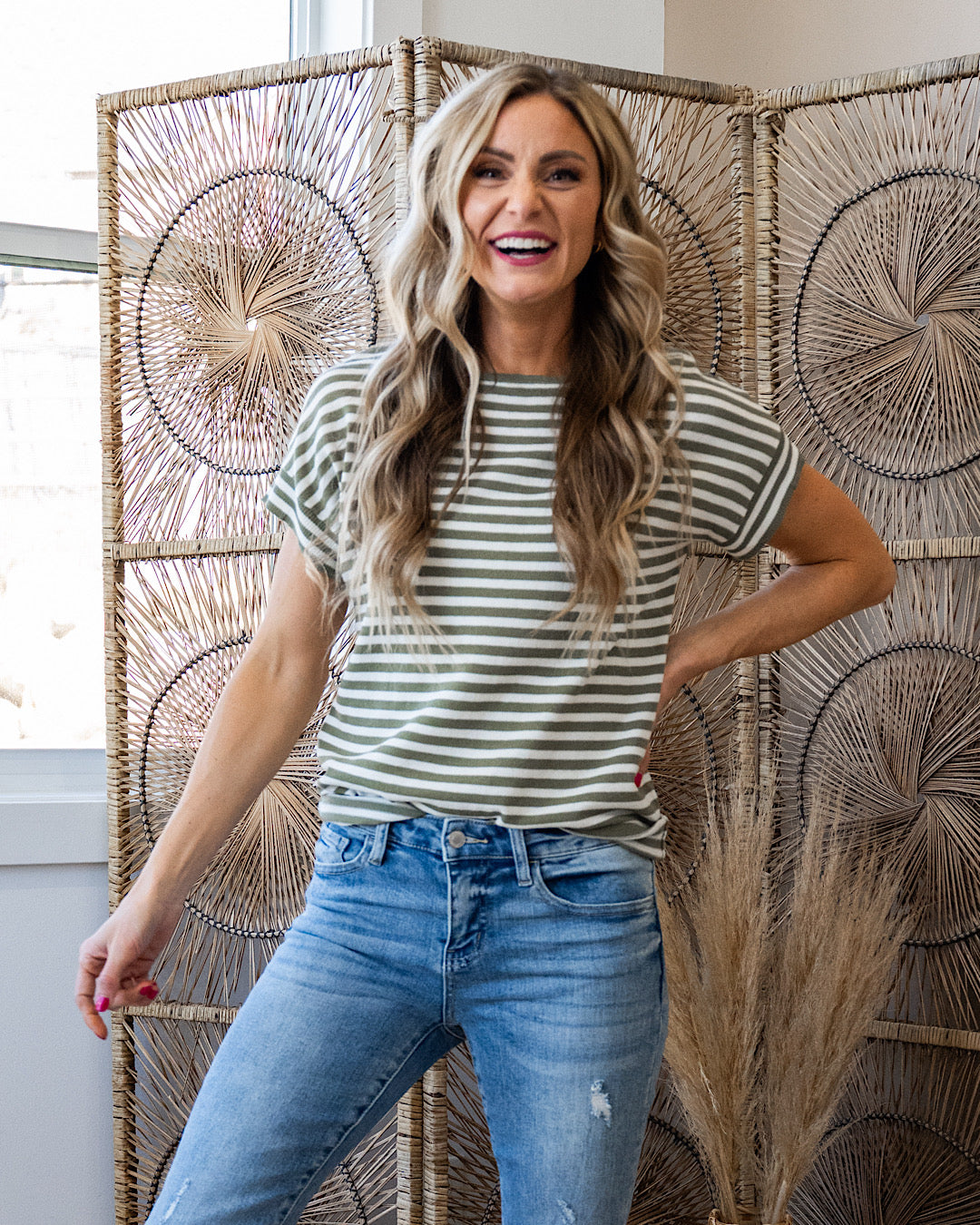 NEW! With You Striped Short Sleeve Sweater - Olive Staccato