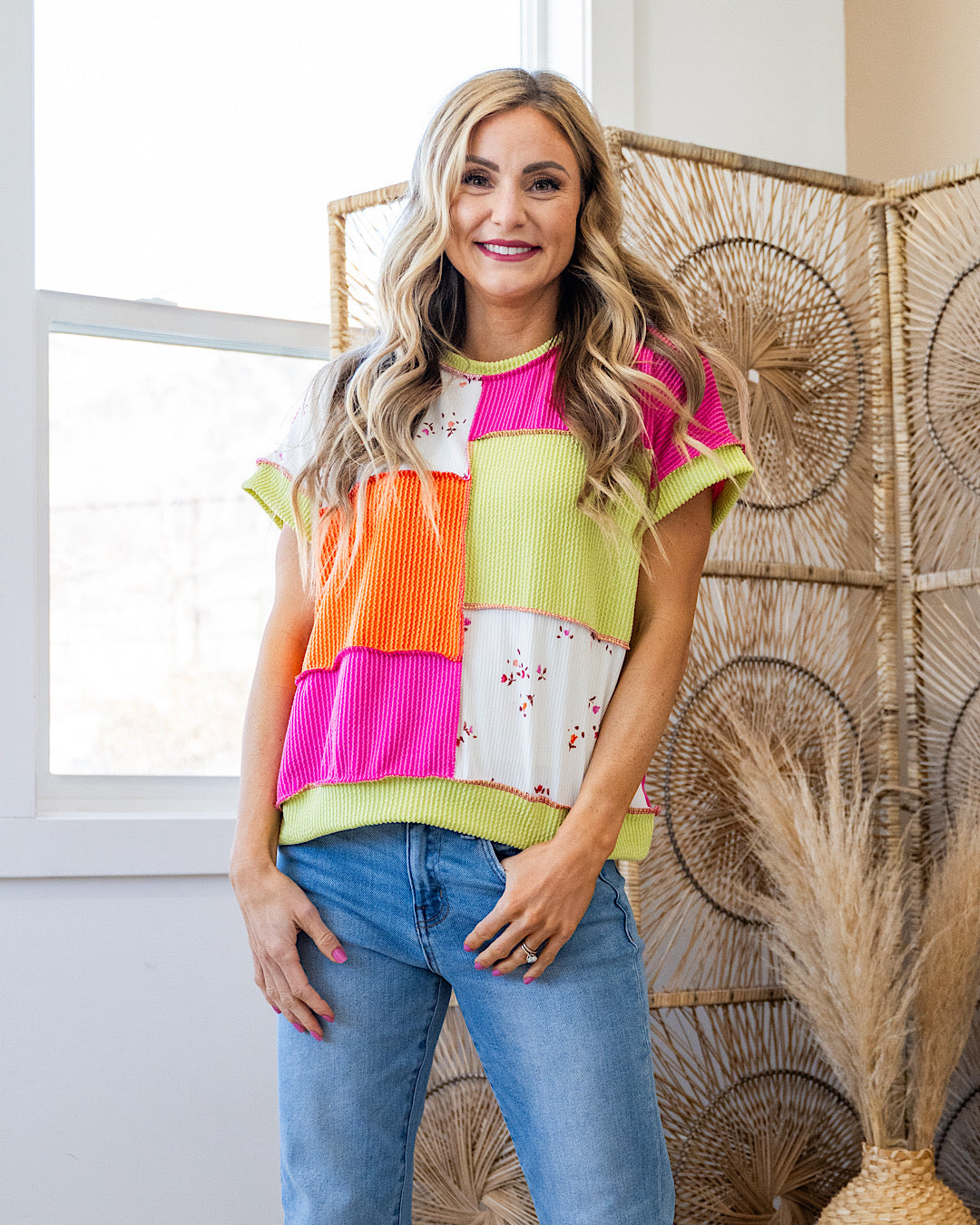 Ashton Corded Floral Color Block Top - Hot Pink Lovely Melody