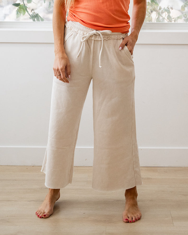 NEW! Cropped Wide Leg Comfy Pants - Sand Beige Zenana