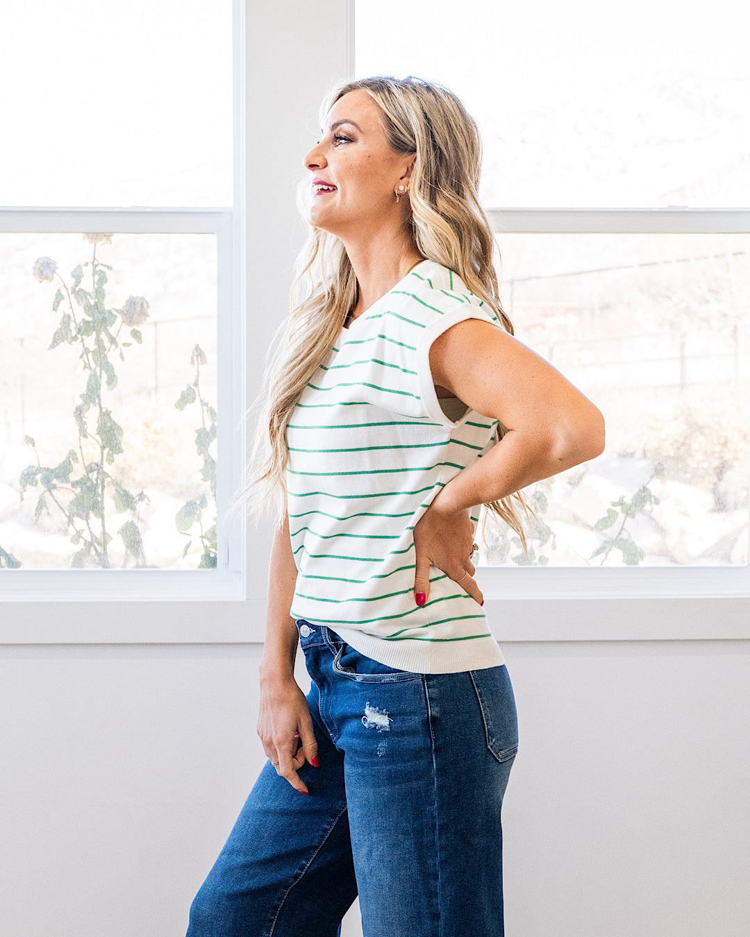 NEW! Allie Striped Short Sleeve Sweater - Ivory & Green Staccato