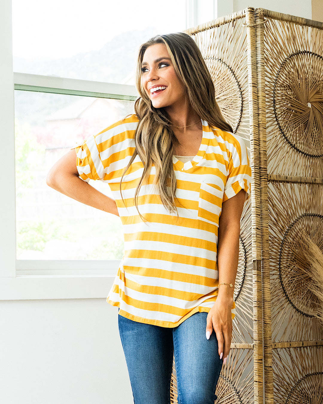 Jenna Stripe Boyfriend V Neck Top - Mustard FINAL SALE Sew In Love