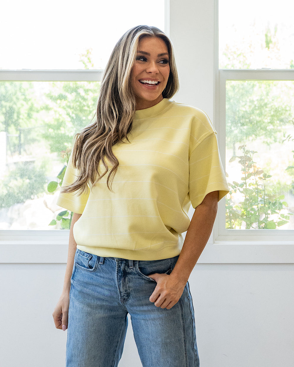 NEW! Macey Scuba Fabric Striped Top - Lemon & Cream Rae Mode