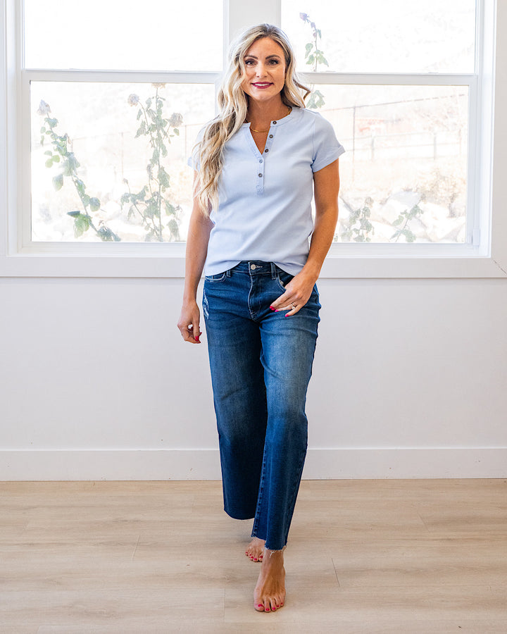 NEW! Amara Ribbed Knit V Neck Henley Top - Sky Blue Staccato