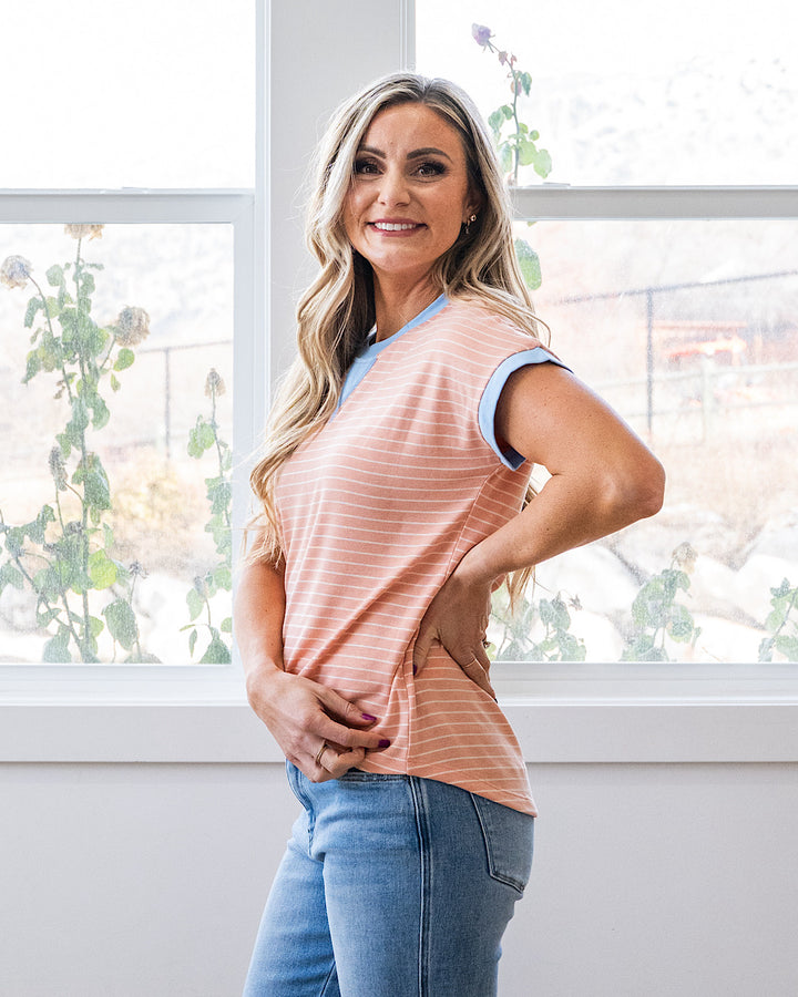 NEW! Izzy Striped Knit Top - Peach & Blue Staccato