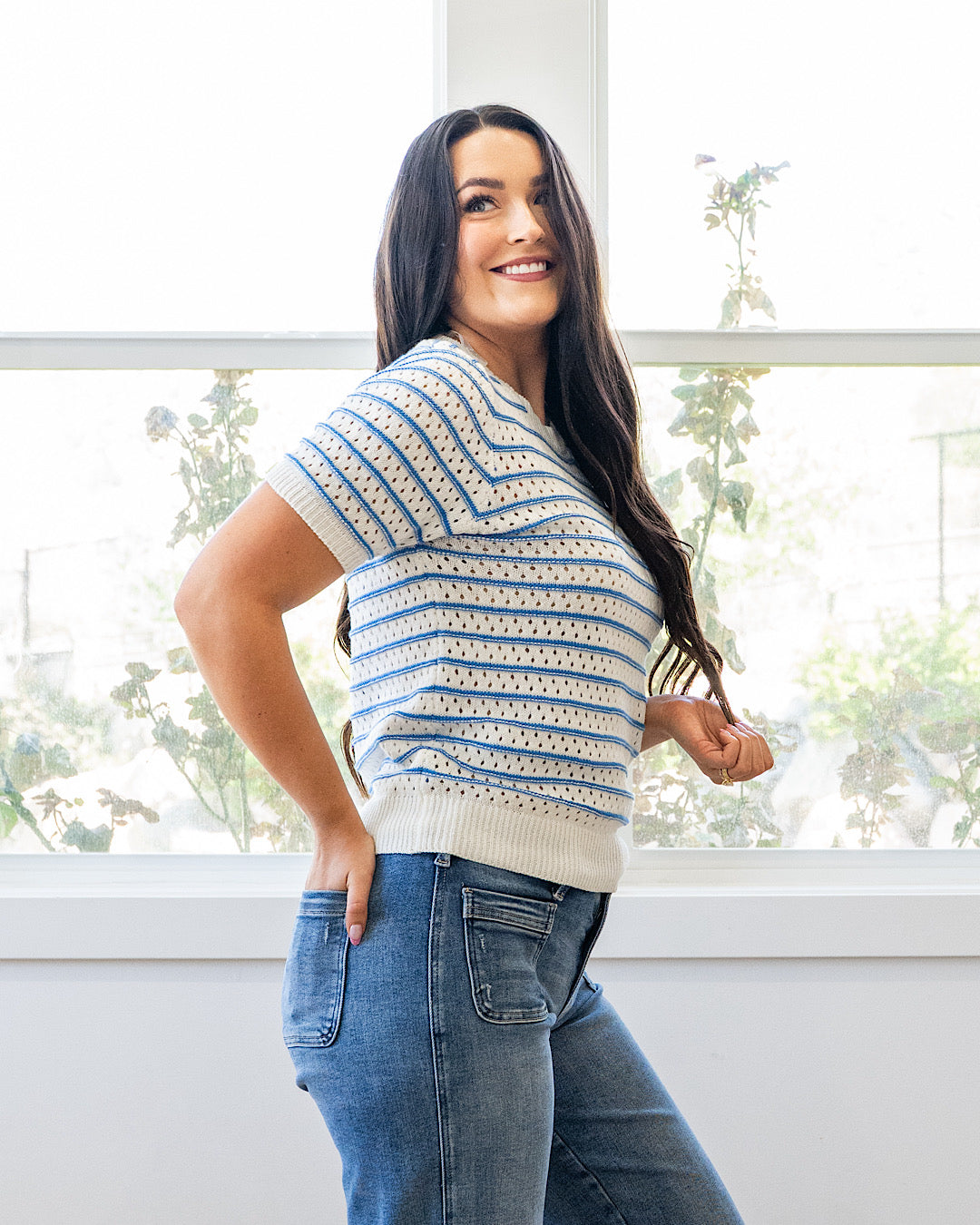 NEW! Kaitlyn Open Knit Striped Sweater Top - Blue Staccato