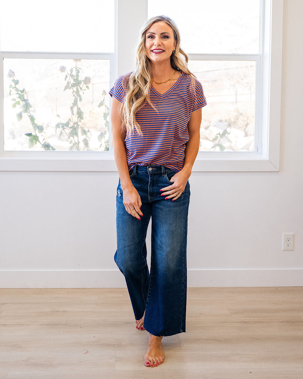NEW! Nadia Striped V Neck Top - Orange & Royal Staccato