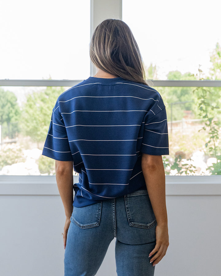 NEW! Macey Scuba Fabric Striped Top - Smoky Navy & Cream