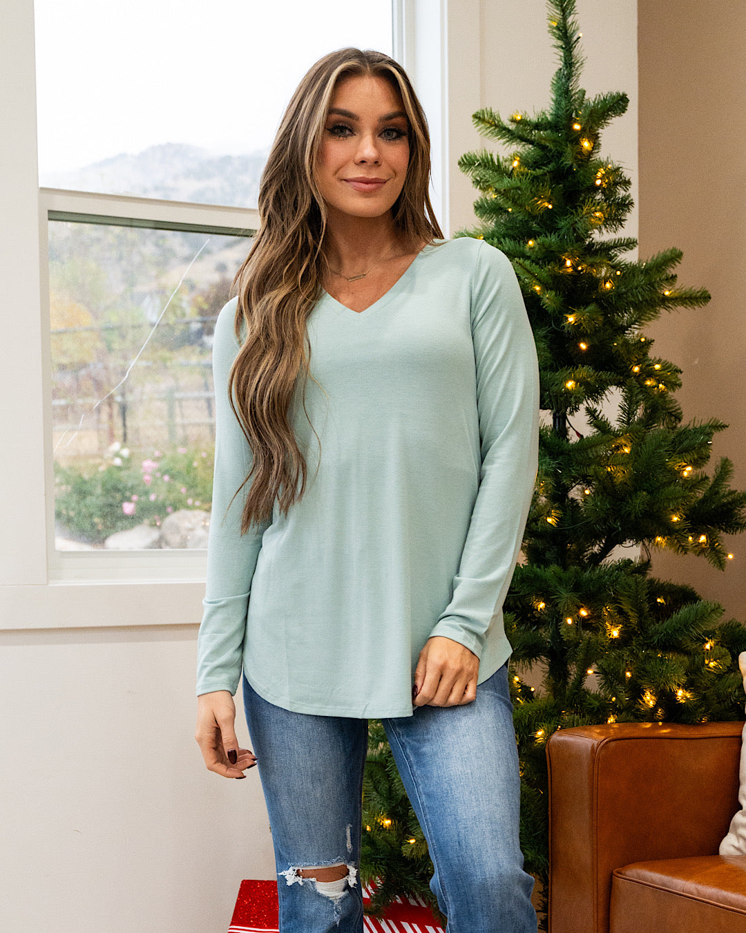 V Neck Long Sleeve Top - Light Green FINAL SALE Zenana