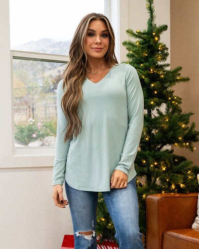 V Neck Long Sleeve Top - Light Green FINAL SALE Zenana