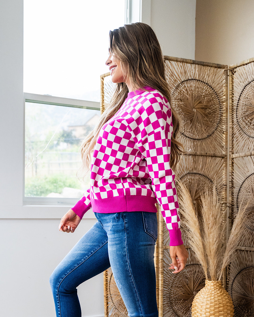 Marie Checkered Sweater - Fuchsia  Staccato   