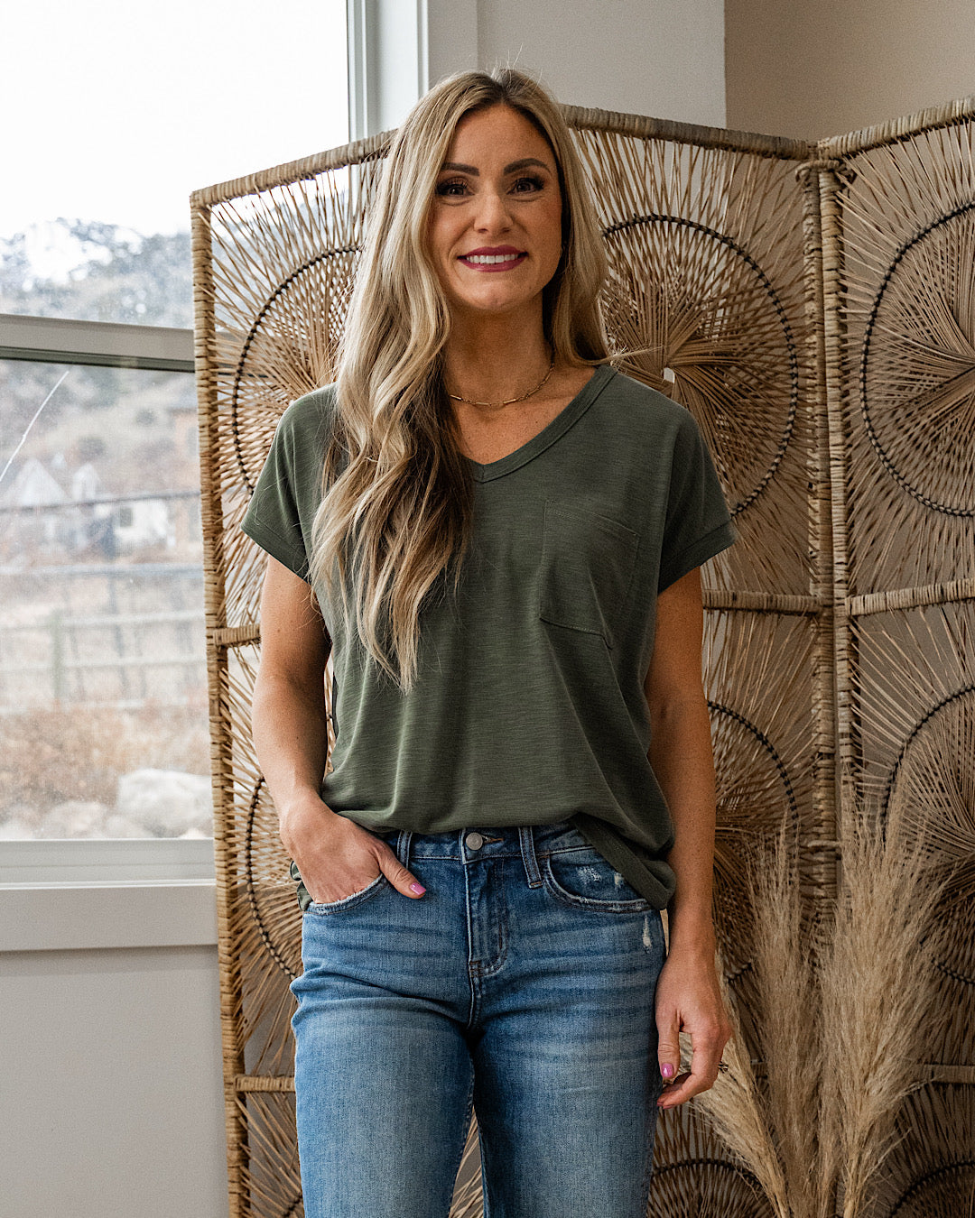 NEW! The Effortless V Neck Pocket Top - Olive Staccato