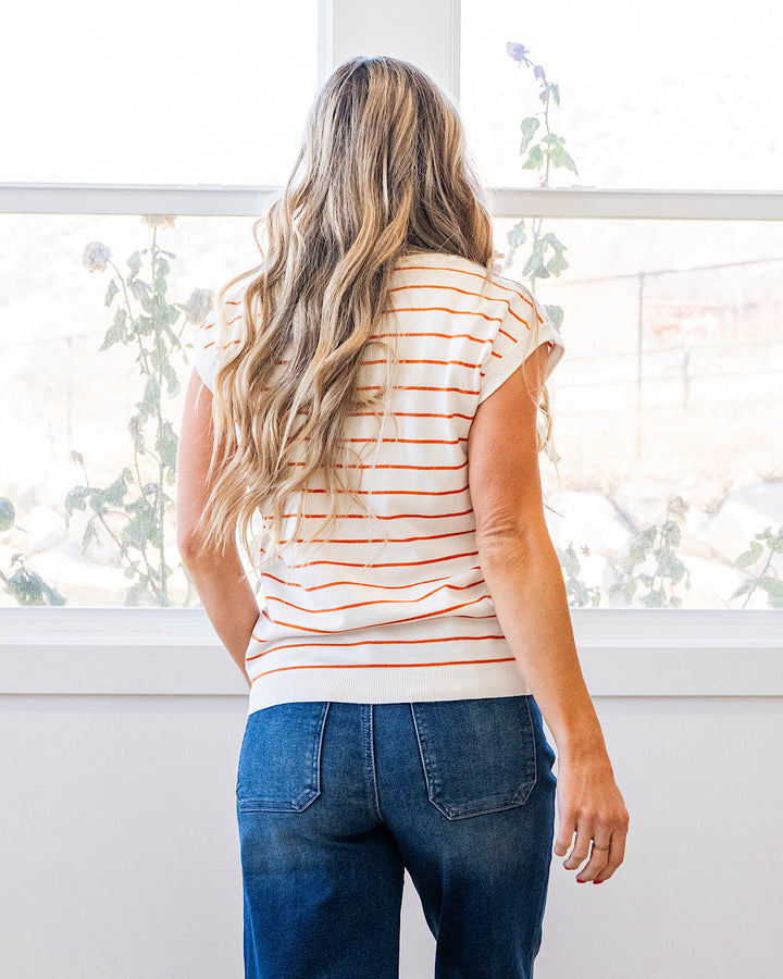 NEW! Allie Striped Short Sleeve Sweater - Ivory & Rust Staccato