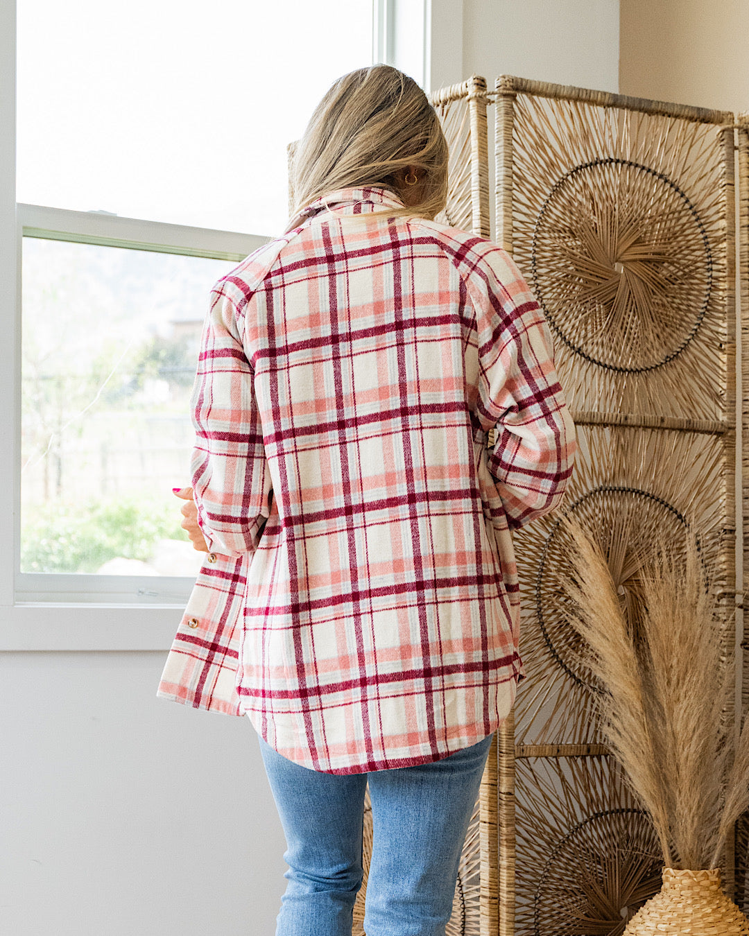 NEW! Aleisha Brushed Plaid Button Up Top - Pink